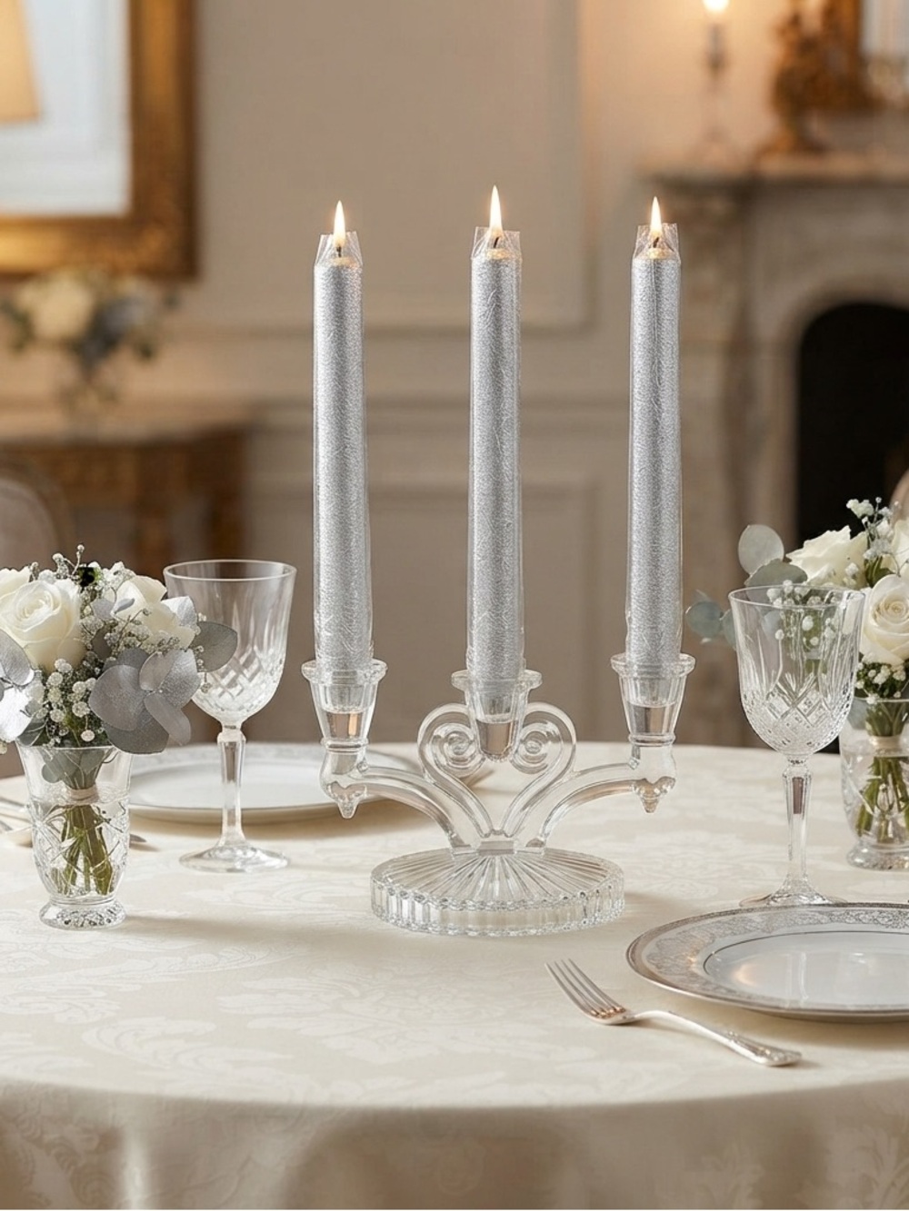 Elegant Cosmos Candleholders by Jeanette, Triple Candle Holders/USA/1940s